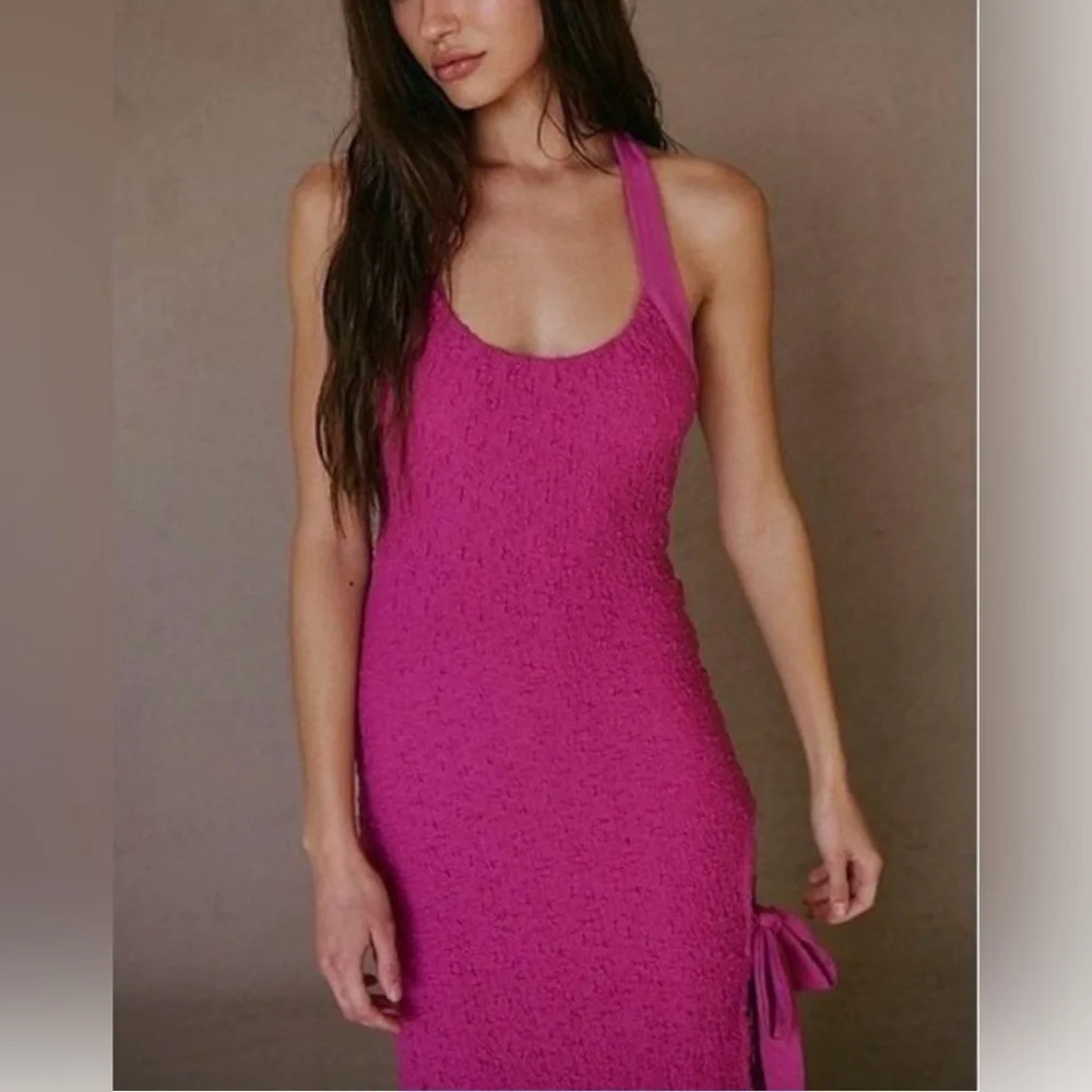 NWOT Free People Sea Foam textured midi dress bodycon tie neck and side slit